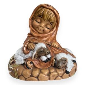 Ceramic Shepherd Boy With His Sheep Figurine Hand Painted 70’s Christmas Vintage